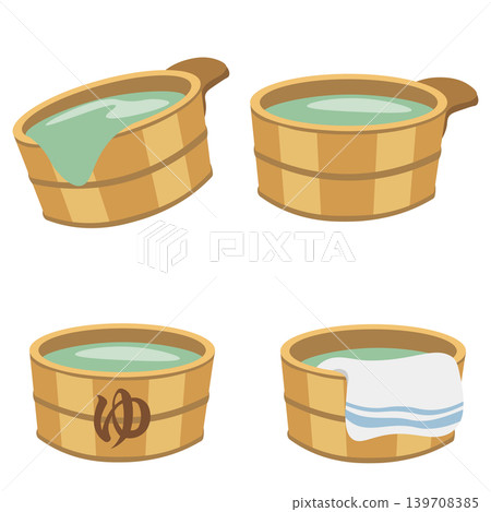 Wooden bucket illustration set (with handle, text, and towel) Wooden bucket illustration set (with handle, text, and towel) 139708385