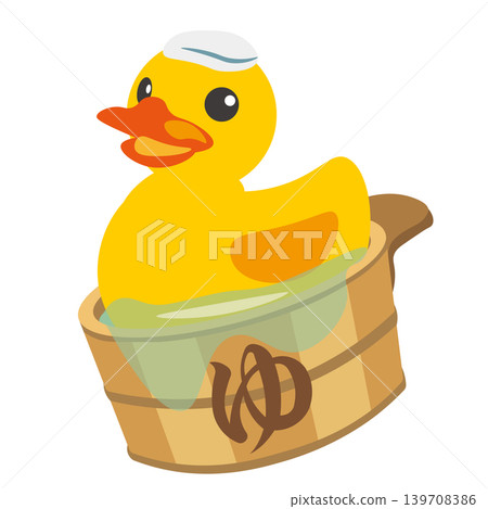 An illustration of a rubber duck soaking in a wooden tub. An illustration of a rubber duck soaking in a wooden tub. 139708386