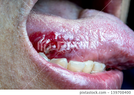 showing a large red ulcerated lesion on the side of a human tongue. Indicates oral cancer, squamous cell carcinoma, or severe stomatitis. Pathology of tongue and mouth diseases. showing a large red ulcerated lesion on the side of a human tongue. Indicates oral cancer, squamous cell carcinoma, or severe stomatitis. Pathology of tongue and mouth diseases. 139708400
