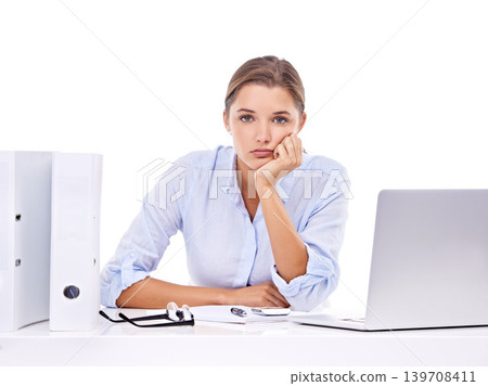 Portrait, bored and businesswoman with laptop for administration, report and management. Tired, studio or female employee at table with stress, folders and depression at desk job on white background Portrait, bored and businesswoman with laptop for administration, report and management. Tired, studio or female employee at table with stress, folders and depression at desk job on white background 139708411