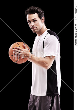 Sports, basketball and portrait of fitness man with ball in studio for training, wellness or fun hobby on black background. Workout, face and male athlete with handball match, workout or performance Sports, basketball and portrait of fitness man with ball in studio for training, wellness or fun hobby on black background. Workout, face and male athlete with handball match, workout or performance 139708428