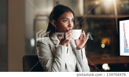Drinking coffee, night work and business woman working at office with computer data for job. Female professional, tea and online research for deadline and lawyer report with hot drink and email Drinking coffee, night work and business woman working at office with computer data for job. Female professional, tea and online research for deadline and lawyer report with hot drink and email 139708476