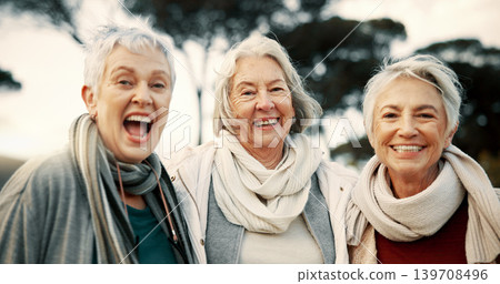 Comic, laughing and senior woman friends outdoor in a park together for bonding during retirement. Portrait, smile and funny with a group of elderly people chatting in a garden for humor or fun Comic, laughing and senior woman friends outdoor in a park together for bonding during retirement. Portrait, smile and funny with a group of elderly people chatting in a garden for humor or fun 139708496