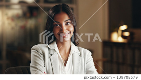 Smile, night and face of business woman, office consultant or agent happy for overtime work, commitment or career. Pride, portrait and Indian person confident, professional and working late in agency Smile, night and face of business woman, office consultant or agent happy for overtime work, commitment or career. Pride, portrait and Indian person confident, professional and working late in agency 139708579