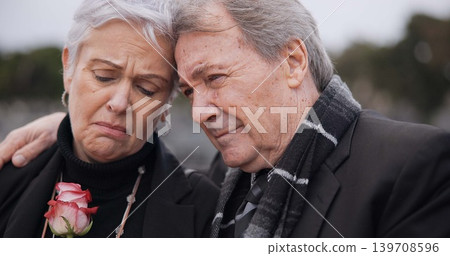 Funeral, graveyard and senior couple hug for comfort, empathy and support at memorial service. Depression, grief and sad man and woman embrace with flower for goodbye, mourning and burial for death Funeral, graveyard and senior couple hug for comfort, empathy and support at memorial service. Depression, grief and sad man and woman embrace with flower for goodbye, mourning and burial for death 139708596