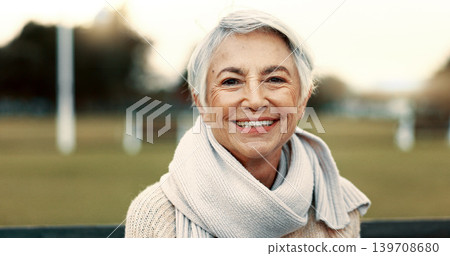 Face, elderly woman and happy on park bench on vacation, holiday or travel in winter. Portrait, smile and senior person in nature, outdoor or garden for freedom to relax for retirement in Australia Face, elderly woman and happy on park bench on vacation, holiday or travel in winter. Portrait, smile and senior person in nature, outdoor or garden for freedom to relax for retirement in Australia 139708680