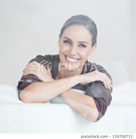 Woman, relaxing and portrait in living room couch for positive, satisfaction and apartment. Happiness, calm and lounge with female person, home or joy, carefree or comfortable alone in sofa for rest Woman, relaxing and portrait in living room couch for positive, satisfaction and apartment. Happiness, calm and lounge with female person, home or joy, carefree or comfortable alone in sofa for rest 139708711