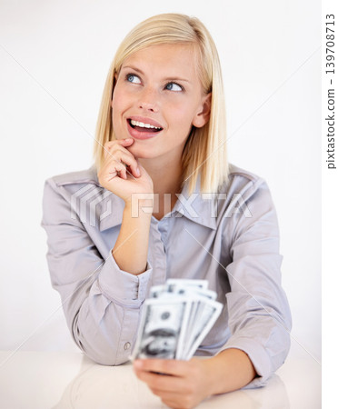 Thinking, woman and money with financial idea, investment and savings for budget with reward. Wealth, wondering and happy person with cash profit from work bonus in studio with white background 139708713