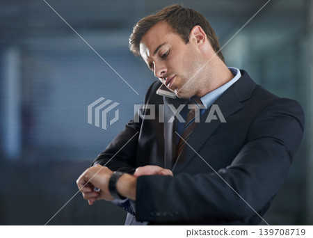 Phone call, watch and business with man, discussion and appointment with employee, check time and network. Conversation, worker and consultant with deadline, schedule or cellphone with contact or app 139708719