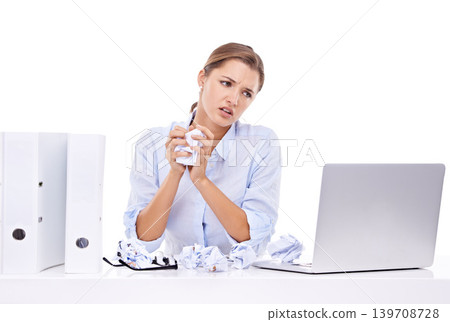 Frustrated, angry and businesswoman with paper for administration, report or web research. Crush, studio or female employee at table with stress, folders and laptop at desk job on white background 139708728