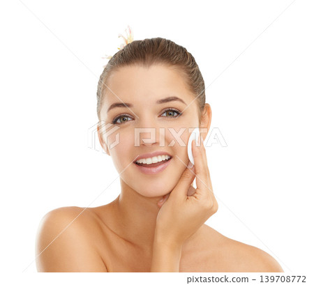 Portrait, skincare or cotton pad by woman in studio for wellness, shine or glow on white background. Cleaning, beauty or face of lady model with facial swab for makeup, removal and toner application Portrait, skincare or cotton pad by woman in studio for wellness, shine or glow on white background. Cleaning, beauty or face of lady model with facial swab for makeup, removal and toner application 139708772