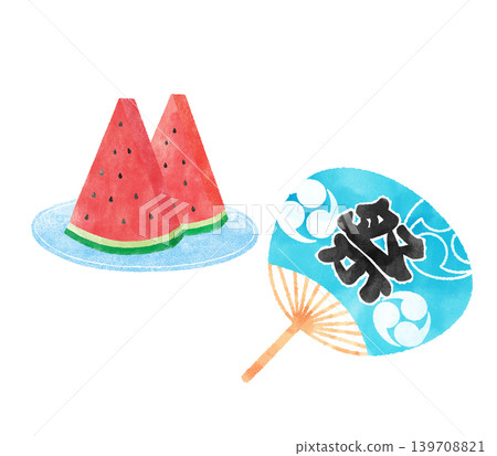 盤子裡的西瓜和一把藍色的夏日節慶扇子(水彩畫) 盤子裡的西瓜和一把藍色的夏日節慶扇子(水彩畫) 139708821
