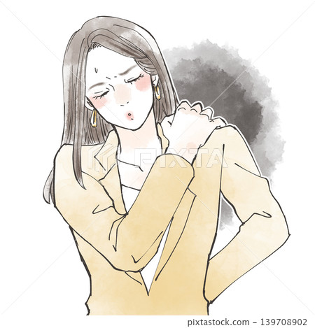 一幅描繪女性肩膀僵硬、頸部疼痛的插圖。 139708902
