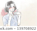 An illustration of a woman suffering from hot flashes and sweating during menopause. 139708922