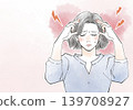 An illustration of a woman suffering from a headache and holding her head. 139708927
