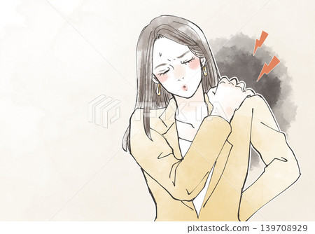 一幅描繪女性肩膀僵硬、頸部疼痛的插圖。 139708929