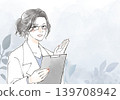 Medical illustration of a female doctor giving an explanation. 139708942