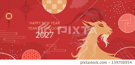 Chinese New Year Poster for 2027 Year of the Goat. New Year 2027 Chinese Zodiac Goat Banner with Red Festival Background, Golden Animal Illustration, Lucky Ornament and Traditional Asian Pattern. Chinese New Year Poster for 2027 Year of the Goat. New Year 2027 Chinese Zodiac Goat Banner with Red Festival Background, Golden Animal Illustration, Lucky Ornament and Traditional Asian Pattern. 139708954