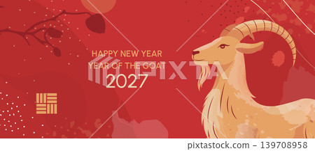 New Year 2027 Chinese Goat Banner Design with Golden Zodiac Animal, Red Lunar Background, Floral Branch and Asian Ornament. New Year 2027 Chinese Goat Banner Design with Golden Zodiac Animal, Red Lunar Background, Floral Branch and Asian Ornament. 139708958
