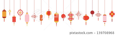 New Year Chinese Lantern Decoration Set with Hanging Red Paper Ornaments, Lucky Knots, Floral Charm and Asian Festival Design. New Year Chinese Lantern Decoration Set with Hanging Red Paper Ornaments, Lucky Knots, Floral Charm and Asian Festival Design. 139708968
