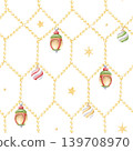 Watercolor Christmas lights garland with lanterns, stars and baubles. Hand drawn festive repeat background for New Year winter holiday. Hand drawn nursery backdrop for wallpapers and wrapping paper 139708970