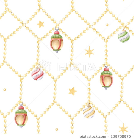 Watercolor Christmas lights garland with lanterns, stars and baubles. Hand drawn festive repeat background for New Year winter holiday. Hand drawn nursery backdrop for wallpapers and wrapping paper 139708970