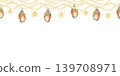 Christmas lanterns with gold stars on light garlands watercolor seamless border on white. Festive New Year upper repeat banner clip art for winter holiday designs 139708971