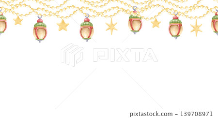 Christmas lanterns with gold stars on light garlands watercolor seamless border on white. Festive New Year upper repeat banner clip art for winter holiday designs Christmas lanterns with gold stars on light garlands watercolor seamless border on white. Festive New Year upper repeat banner clip art for winter holiday designs 139708971