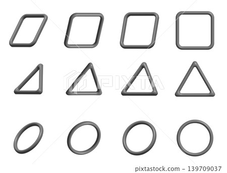 A set of variations in 3D-style geometric shapes; thick, pop-art design elements. 139709037
