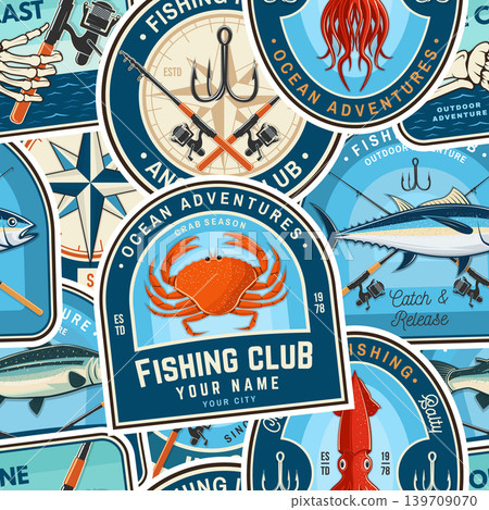 Retro Fishing Badge Background with Vintage Marine and Nautical Sticker Designs. Vector background with retro fishing patches, nautical badges, marine life elements, fish, lobster, octopus and ocean Retro Fishing Badge Background with Vintage Marine and Nautical Sticker Designs. Vector background with retro fishing patches, nautical badges, marine life elements, fish, lobster, octopus and ocean 139709070