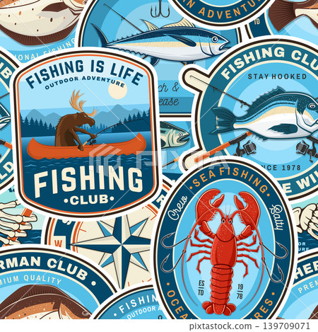 Vintage Fishing Sticker Collage with Retro Nautical Patches and Marine Badges. Vector background with retro fishing patches, nautical badges, marine life elements, fish, lobster, octopus and ocean 139709071