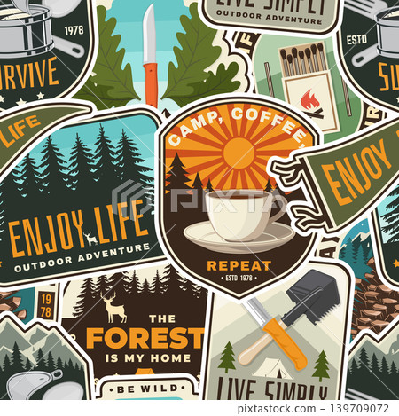 Vintage Outdoor Sticker Pattern with Camping Badges and Forest Adventure Elements. Vector background with camping tent, camping tools, campfire, mountains and forest silhouettes 139709072