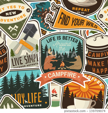 Vintage summer camp colorful seamless pattern with travel inspirational quotes. Vector background with camping tent, camping tools, campfire, mountains and forest silhouettes Vintage summer camp colorful seamless pattern with travel inspirational quotes. Vector background with camping tent, camping tools, campfire, mountains and forest silhouettes 139709074