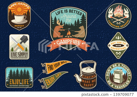 Vintage Camping Badge Set with Retro Outdoor Adventure Patches and Campfire Stickers. Vector patch, sticker for camping outdoor and academic activities Vintage Camping Badge Set with Retro Outdoor Adventure Patches and Campfire Stickers. Vector patch, sticker for camping outdoor and academic activities 139709077