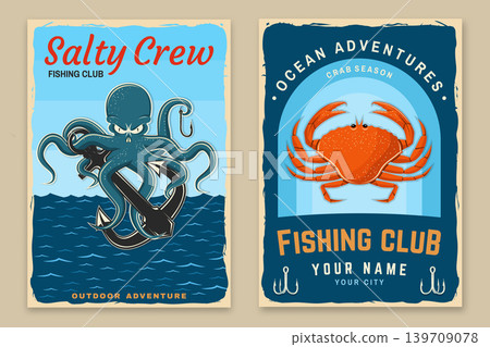 Vintage Marine Poster Set with Octopus and Crab Retro Fishing Club Artwork. Outdoor adventure poster in retro style for camping lifestyle branding and print design vector illustration Vintage Marine Poster Set with Octopus and Crab Retro Fishing Club Artwork. Outdoor adventure poster in retro style for camping lifestyle branding and print design vector illustration 139709078