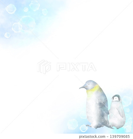 A refreshing background frame featuring blue bubbles and a penguin family. A cool, watercolor-style illustration. A refreshing background frame featuring blue bubbles and a penguin family. A cool, watercolor-style illustration. 139709085