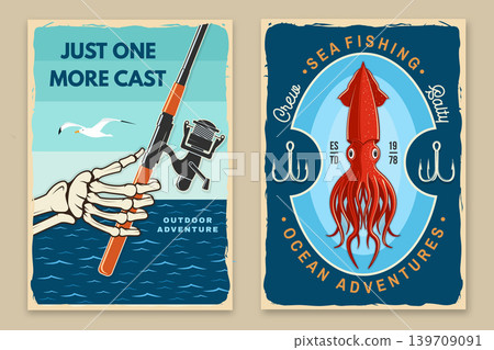 Vintage Fishing Club Poster Set with Anglers Club and Retro Fishing Prints. Outdoor adventure poster in retro style for camping lifestyle branding and print design vector illustration 139709091
