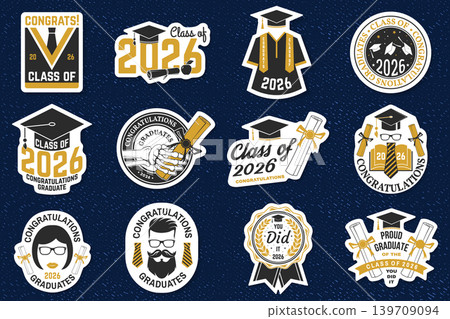 Class of 2026 graduation sticker pack with retro badges, diploma patches and graduate emblems. Vintage academic vector collection for celebration, apparel and school design Class of 2026 graduation sticker pack with retro badges, diploma patches and graduate emblems. Vintage academic vector collection for celebration, apparel and school design 139709094