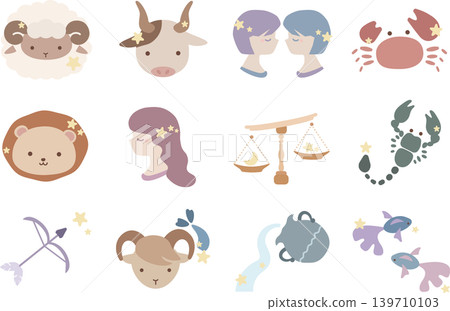 A set of illustration materials featuring the 12 zodiac signs in muted colors. 139710103