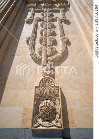 Facade details on the Holy Trinity Cathedral, main cathedral of the Georgian Orthodox Church in Tbilisi, Georgia Facade details on the Holy Trinity Cathedral, main cathedral of the Georgian Orthodox Church in Tbilisi, Georgia 139710184