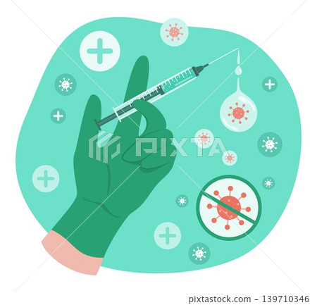 Human Hand in Disposable Medical Glove Holding a Syringe with Dose of Vaccine to Prevent Flu Virus and Bacteria for Healthcare and Medical Concept Illustration Clip Art 139710346