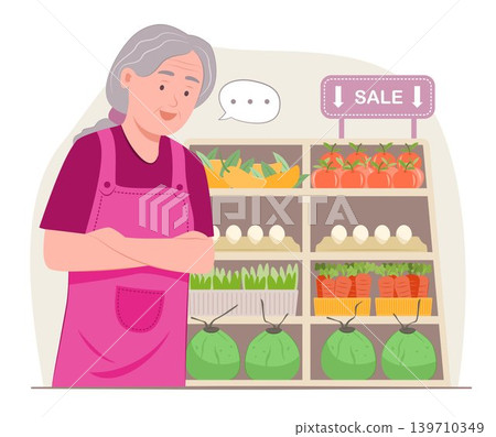 Shopkeeper Senior Woman Staff Working at Fresh Fruits and Vegetables Booth in Grocery Store for Retail Occupation Concept Illustration Shopkeeper Senior Woman Staff Working at Fresh Fruits and Vegetables Booth in Grocery Store for Retail Occupation Concept Illustration 139710349