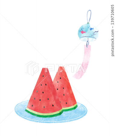 Watercolor-style summer illustration of wind chimes and sliced watermelon (transparent background) 139710605