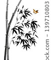 Bamboo stalks and a small bird flying nearby. Sense of tranquility and minimalist beauty 139710803