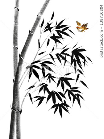 Bamboo stalks and a small bird flying nearby. Sense of tranquility and minimalist beauty Bamboo stalks and a small bird flying nearby. Sense of tranquility and minimalist beauty 139710804