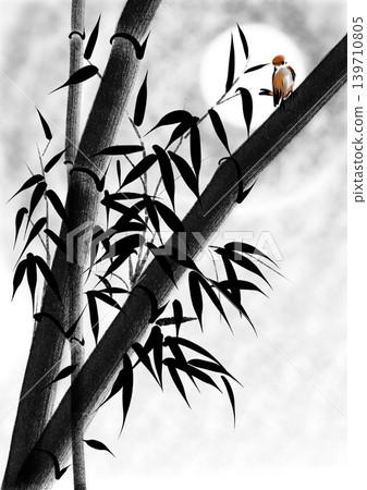 Bamboo stalks with a small bird perched on its branch and a moon in background. Bamboo stalks with a small bird perched on its branch and a moon in background. 139710805