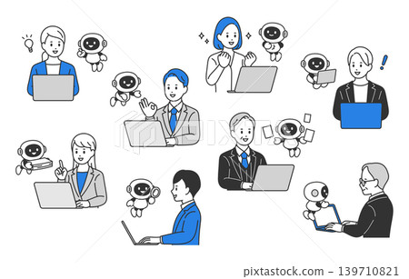 A set of vector illustrations of business people using AI and chatbots to streamline their work. A set of vector illustrations of business people using AI and chatbots to streamline their work. 139710821