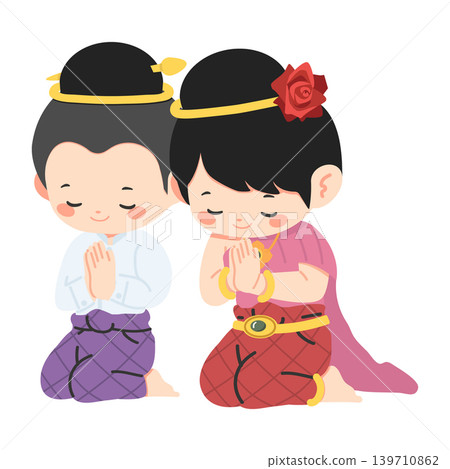 Thai Children Greeting With Traditional Wai Gesture Thai Children Greeting With Traditional Wai Gesture 139710862