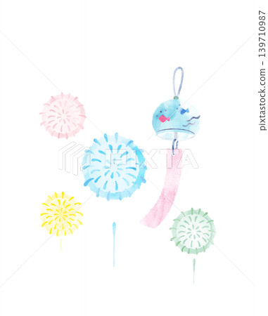 A watercolor-style illustration of wind chimes and fireworks, symbols of summer. A watercolor-style illustration of wind chimes and fireworks, symbols of summer. 139710987