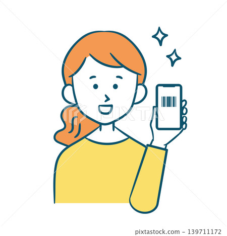 一位女士面帶微笑,展示她智慧型手機上顯示的條碼。 一位女士面帶微笑,展示她智慧型手機上顯示的條碼。 139711172